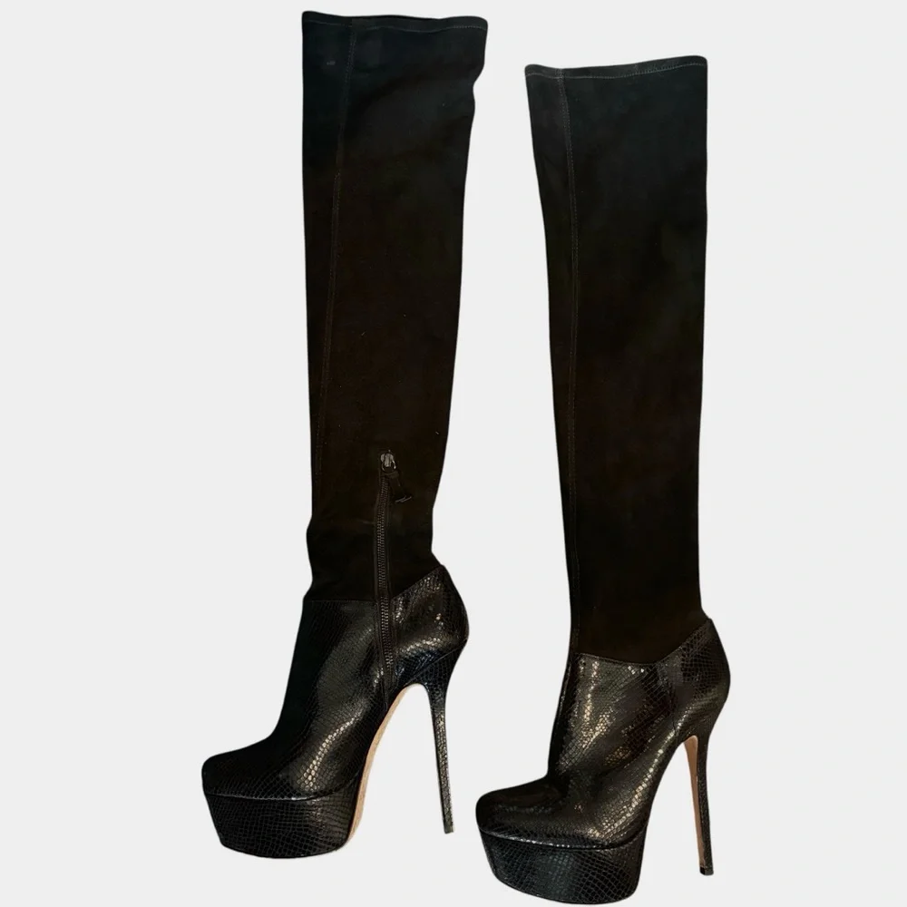 Alice + Olivia Black Thigh-High Platform Stiletto Over-the-Knee Leather Boots